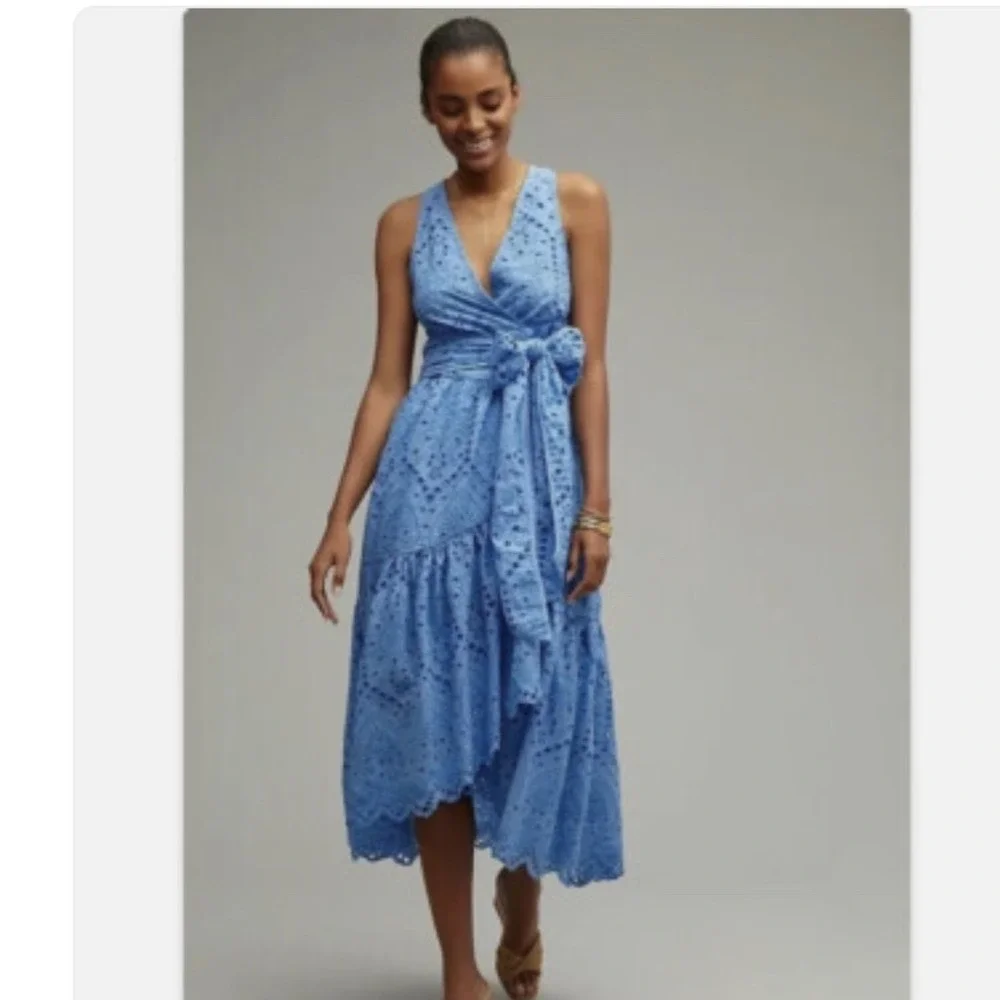 Maeve Anthropologie Blue Eyelet Midi Dress Size 12 Tie Waist Boho - Picture 2 of 15